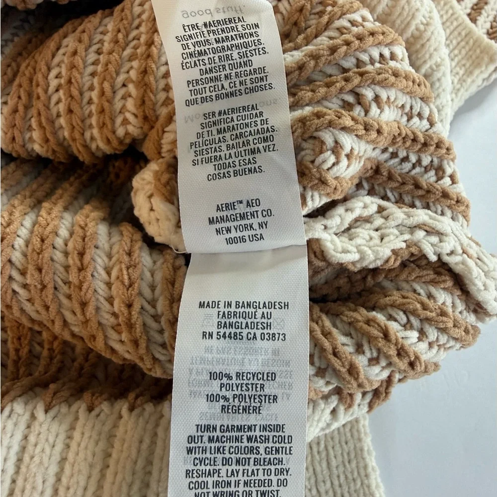 Aerie Beyond Chenille Woman’s Medium Two Toned Tan Cream Knit Crewneck Sweater - Picture 8 of 13